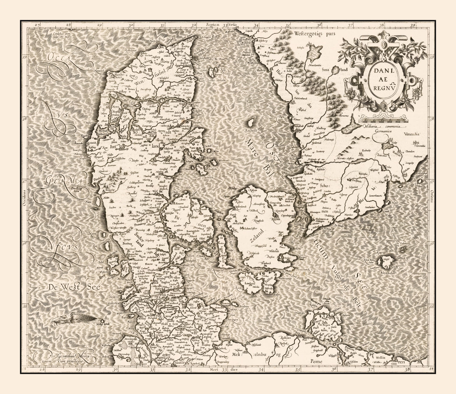 Vintage Map of Denmark 1595