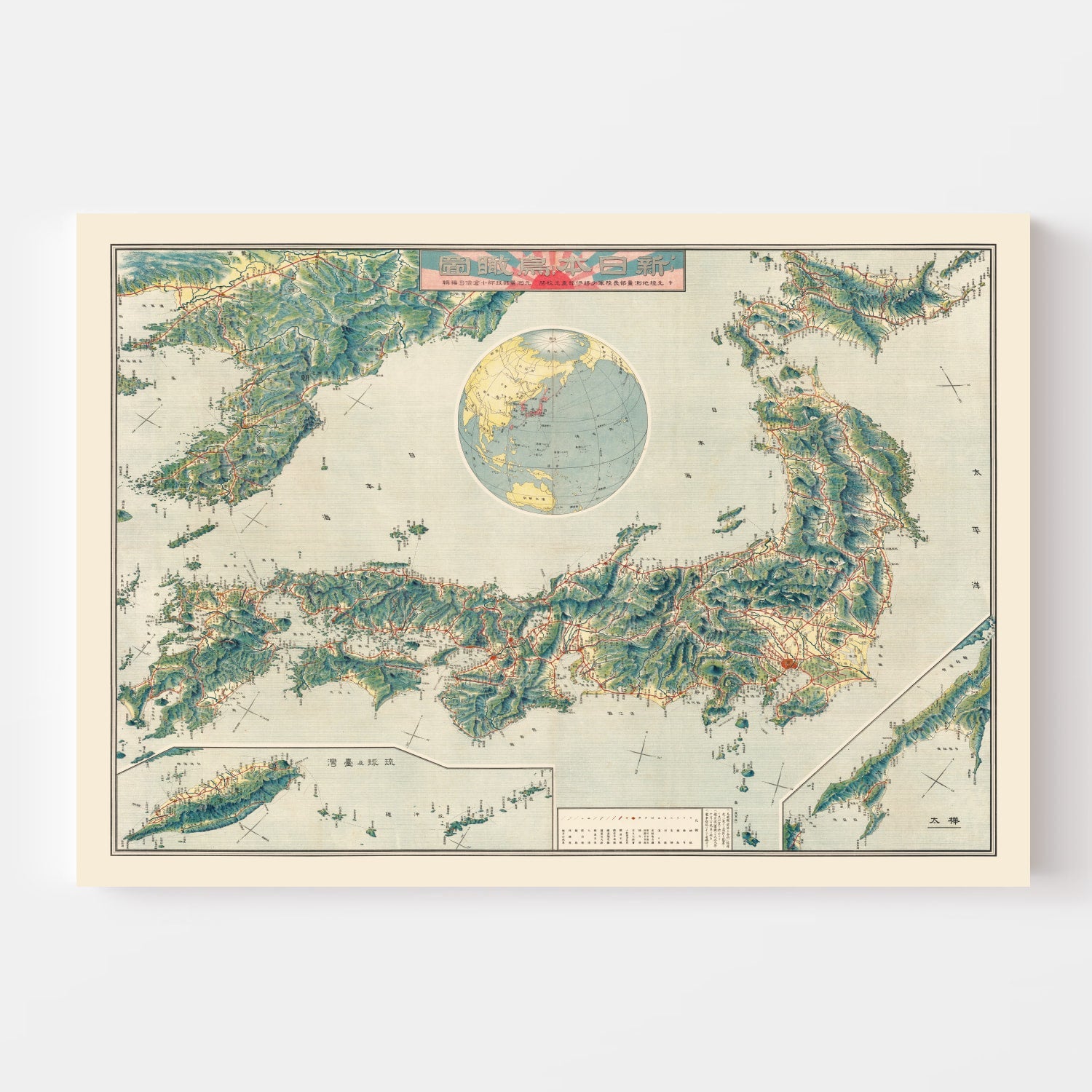 Vintage Birds Eye View Railroad Map of Japan 1920
