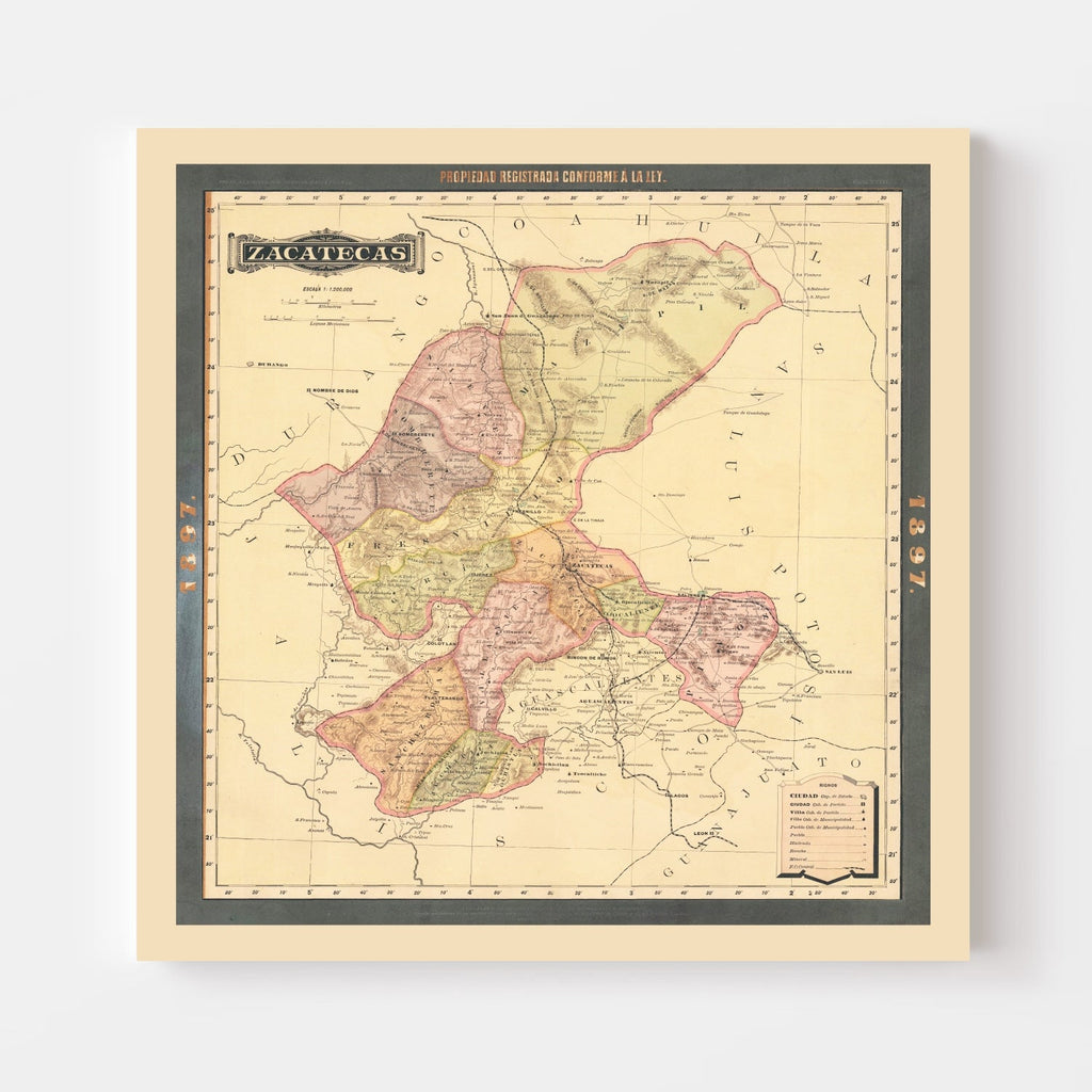 Vintage Zacatecas, Mexico Map 1897