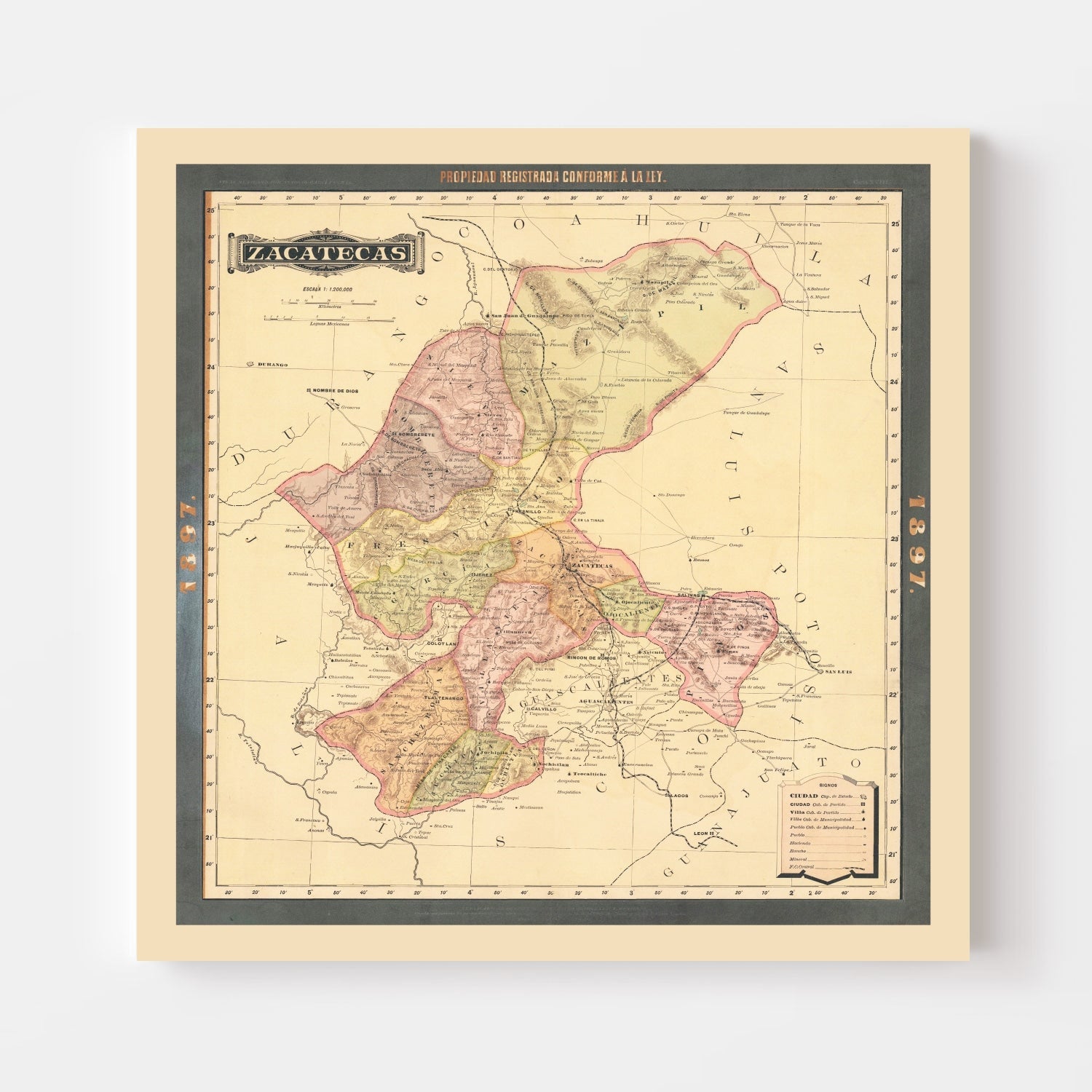 Vintage Zacatecas, Mexico Map 1897