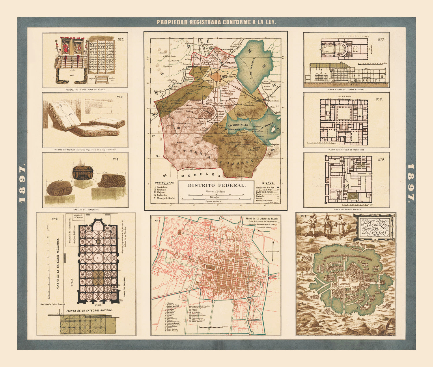 Vintage Map of Mexico City, Mexico 1897