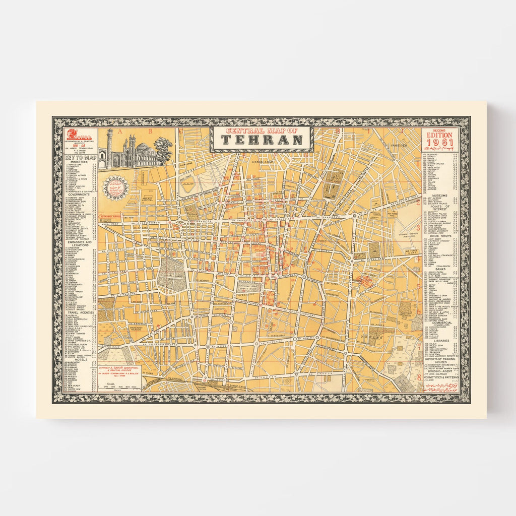 Vintage Map of Tehran, Iran 1961