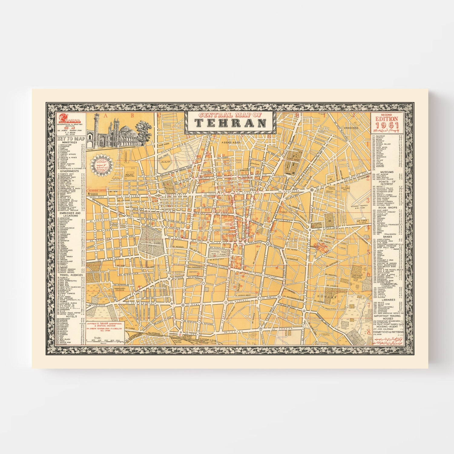 Vintage Map of Tehran, Iran 1961