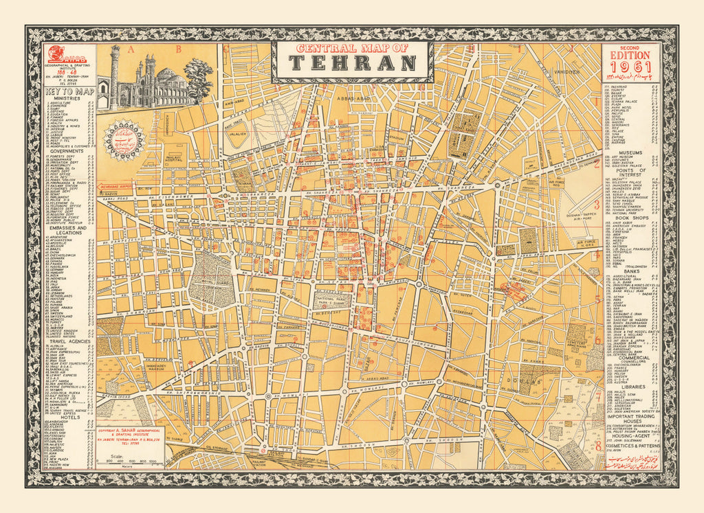 Vintage Map of Tehran, Iran 1961