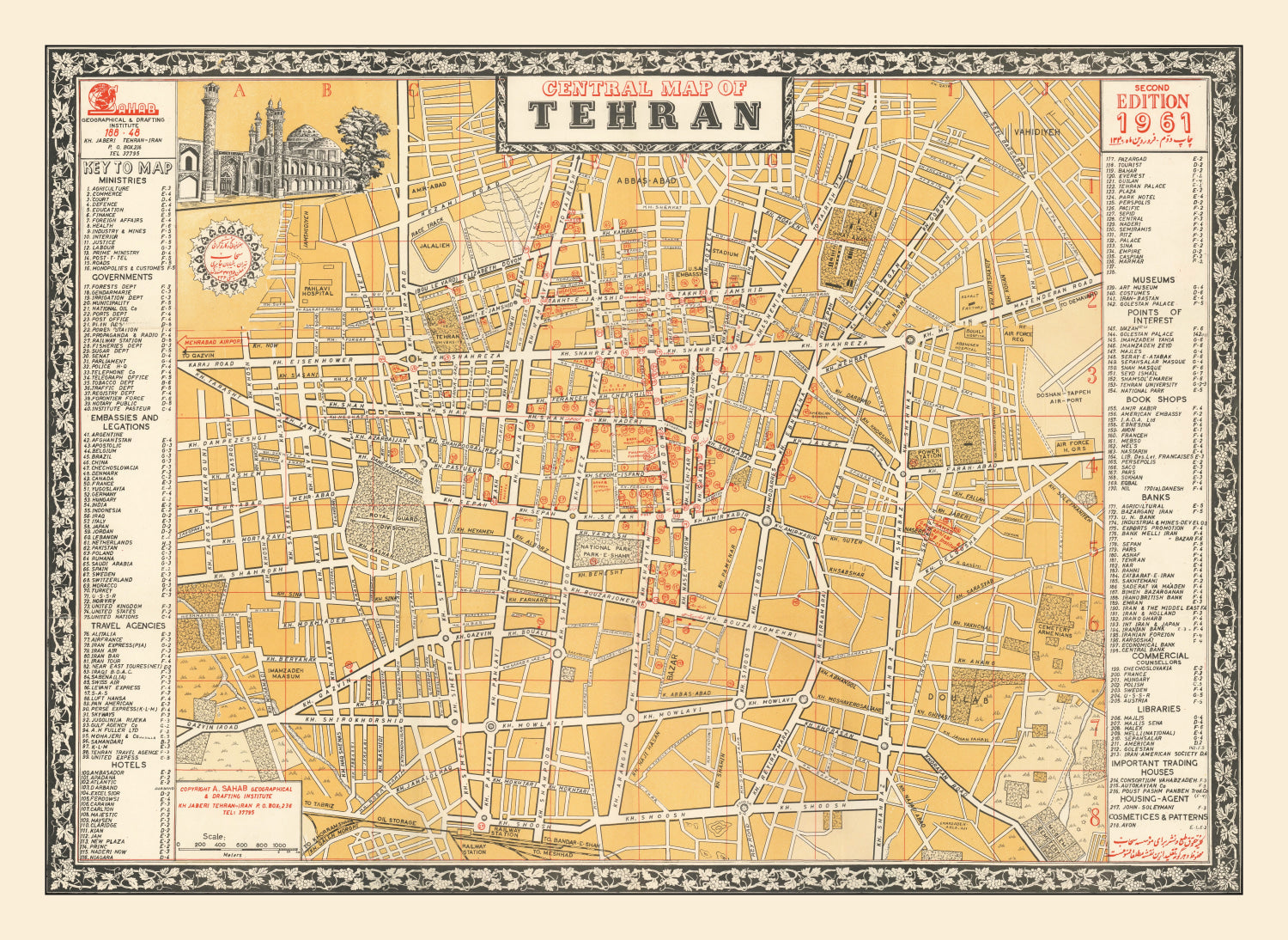 Vintage Map of Tehran, Iran 1961