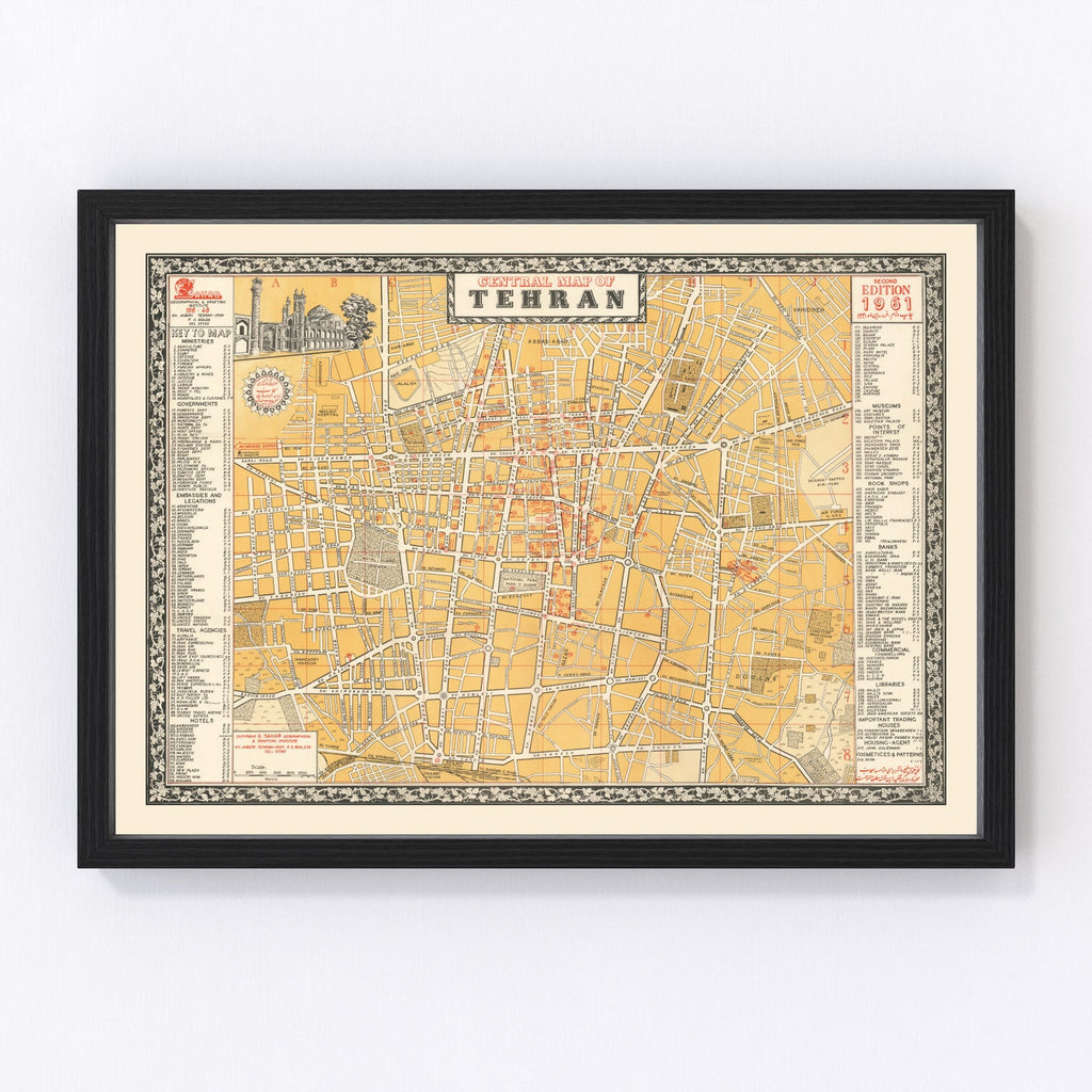 Vintage Map of Tehran, Iran 1961