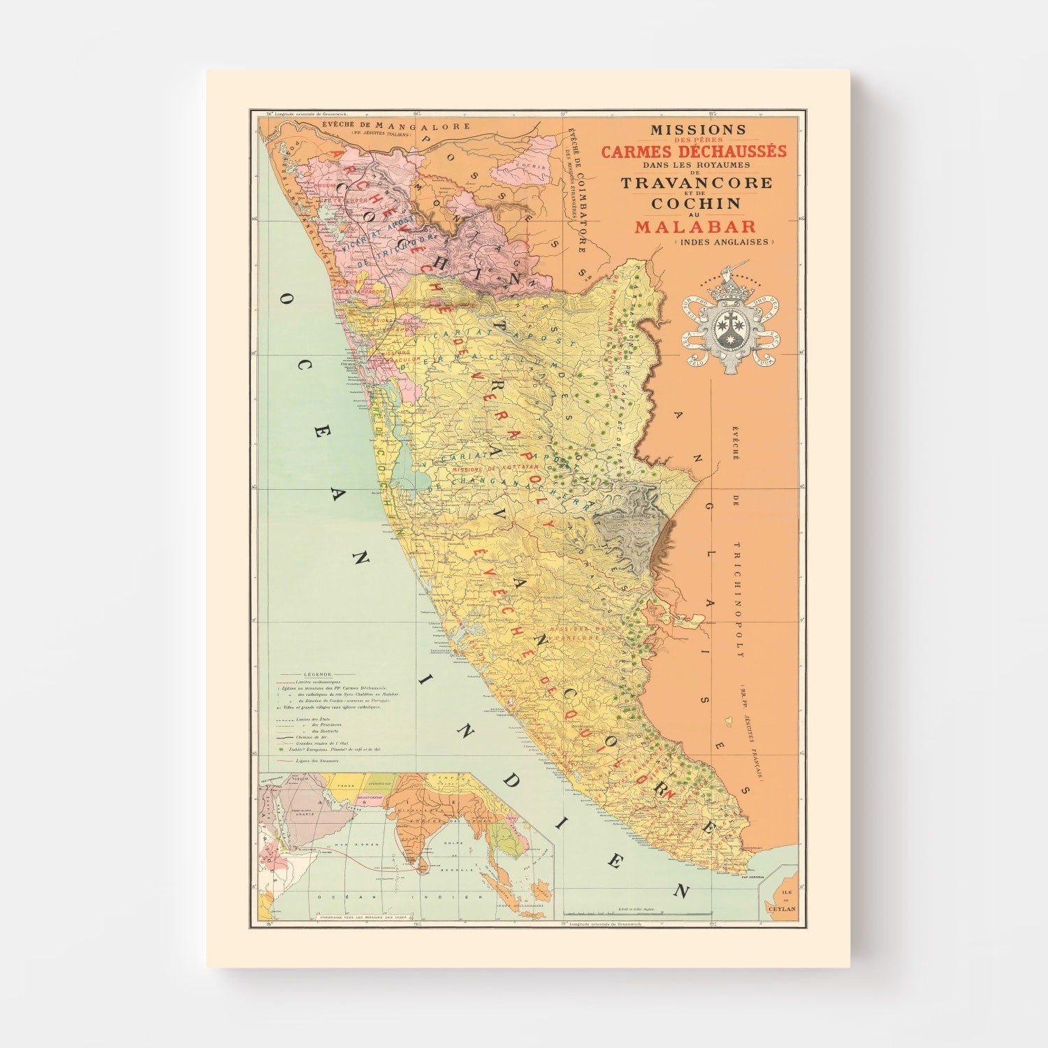 Vintage Malabar, India Map 1892