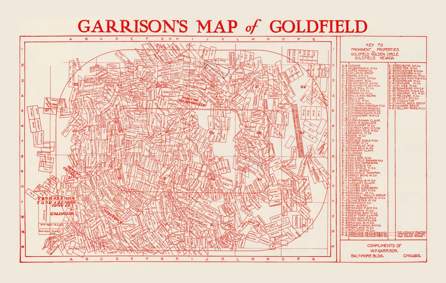 Vintage Goldfield, NV Mining Claims Map 1906