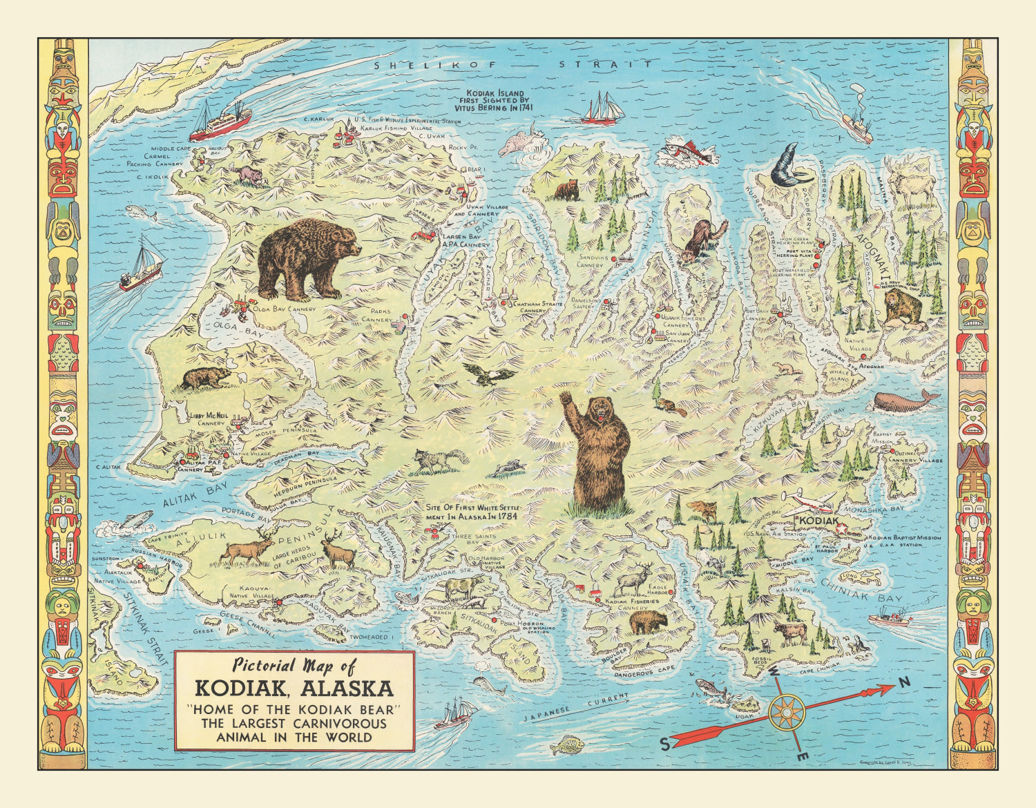 Vintage Kodiak Island Map 1948