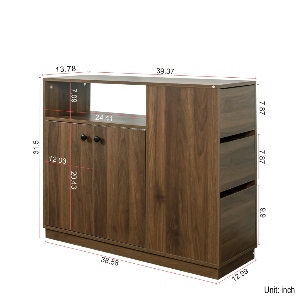 Kitchen Sideboard, Small  Countertop Organizer, Tabletop Cabinet with 2 Glass Sliding Door,3 Side Drawers & 1 small display shelves, Counter Cabinet for Kitchen, Living Room, Dinning Area