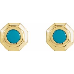 14K Yellow Gold Natural Turquoise Geometric Cabochon Earrings