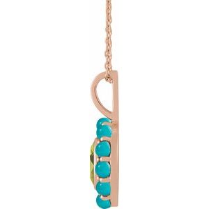 14K Rose Gold Natural Peridot & Natural Turquoise Halo-Style 16-18" Necklace