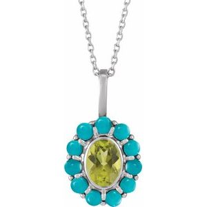 Sterling Silver Natural Peridot & Natural Turquoise Halo-Style 16-18" Necklace