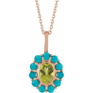 14K Rose Gold Natural Peridot & Natural Turquoise Halo-Style 16-18" Necklace