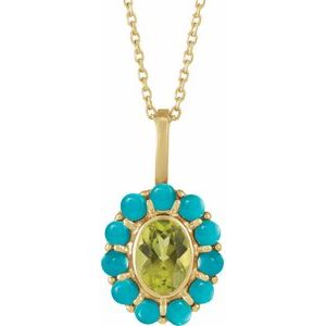 14K Yellow Gold Natural Peridot & Natural Turquoise Halo-Style 16-18" Necklace