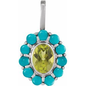 14K White Gold Natural Peridot & Natural Turquoise Halo-Style Pendant