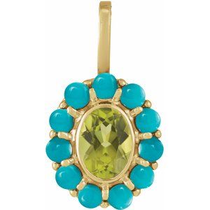 14K Yellow Gold Natural Peridot & Natural Turquoise Halo-Style Pendant