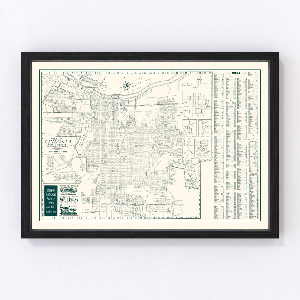 Vintage Map of Savannah, Georgia 1956