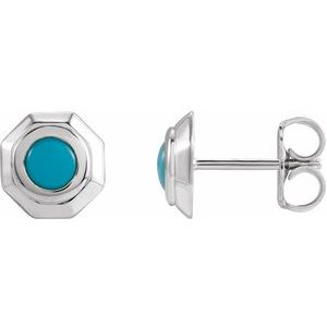 14K White Gold Natural Turquoise Geometric Cabochon Earrings