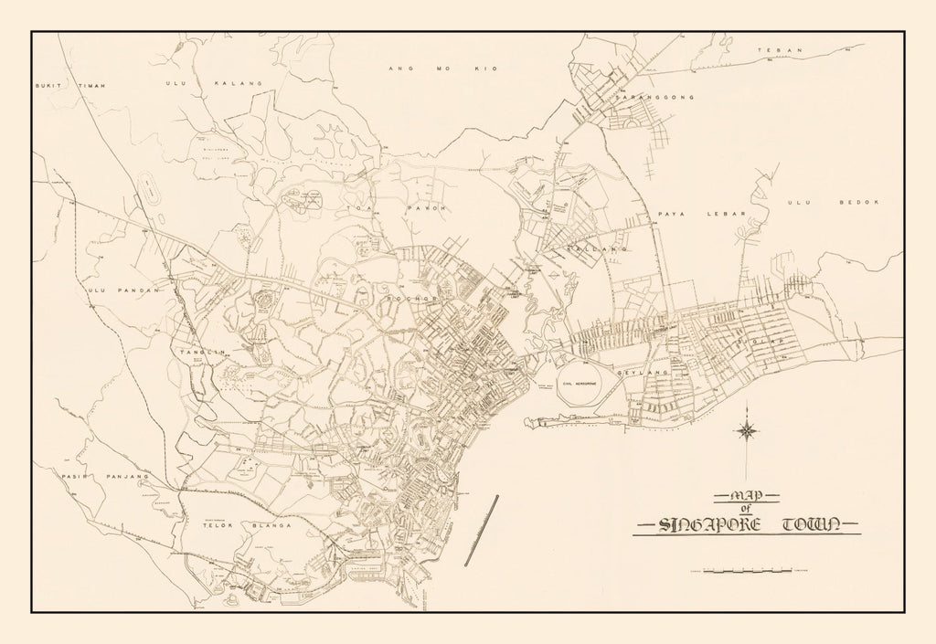 Vintage Map of Singapore City, Singapore 1930