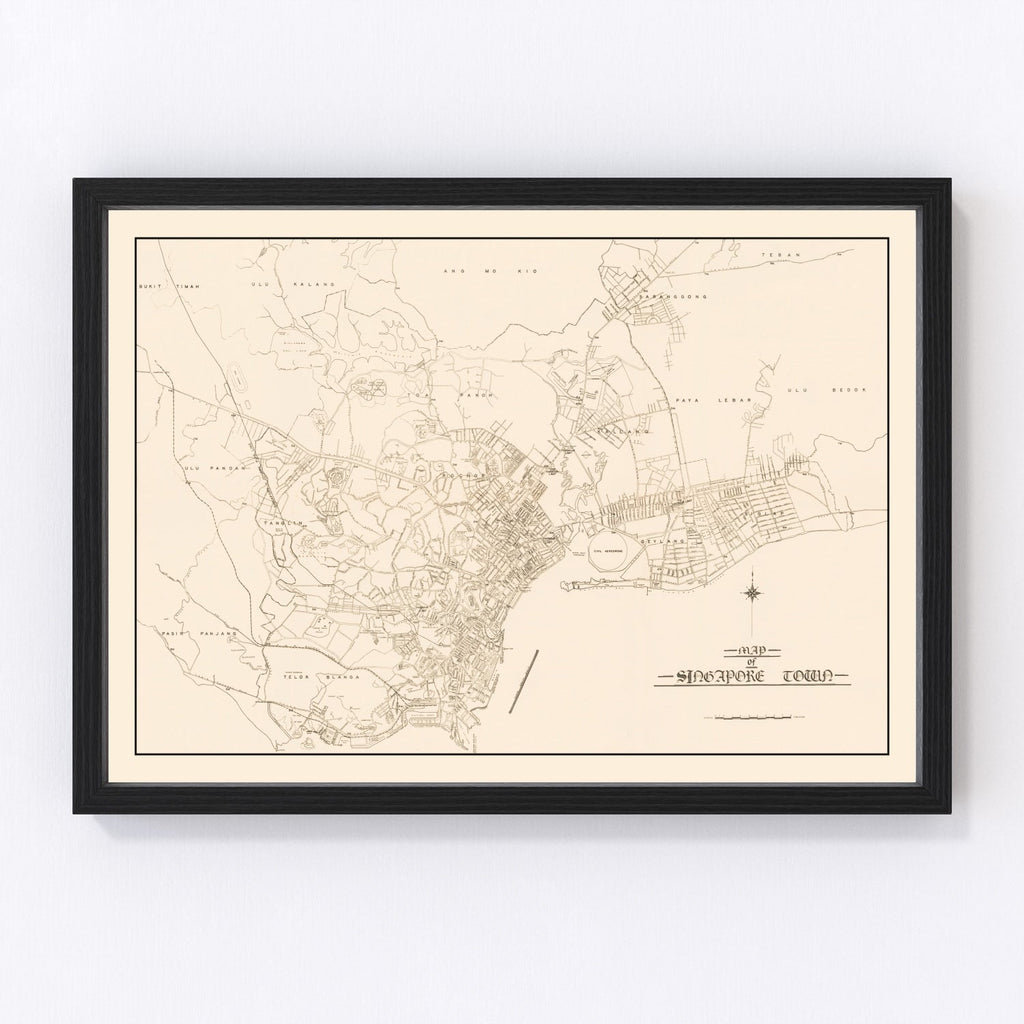 Vintage Map of Singapore City, Singapore 1930