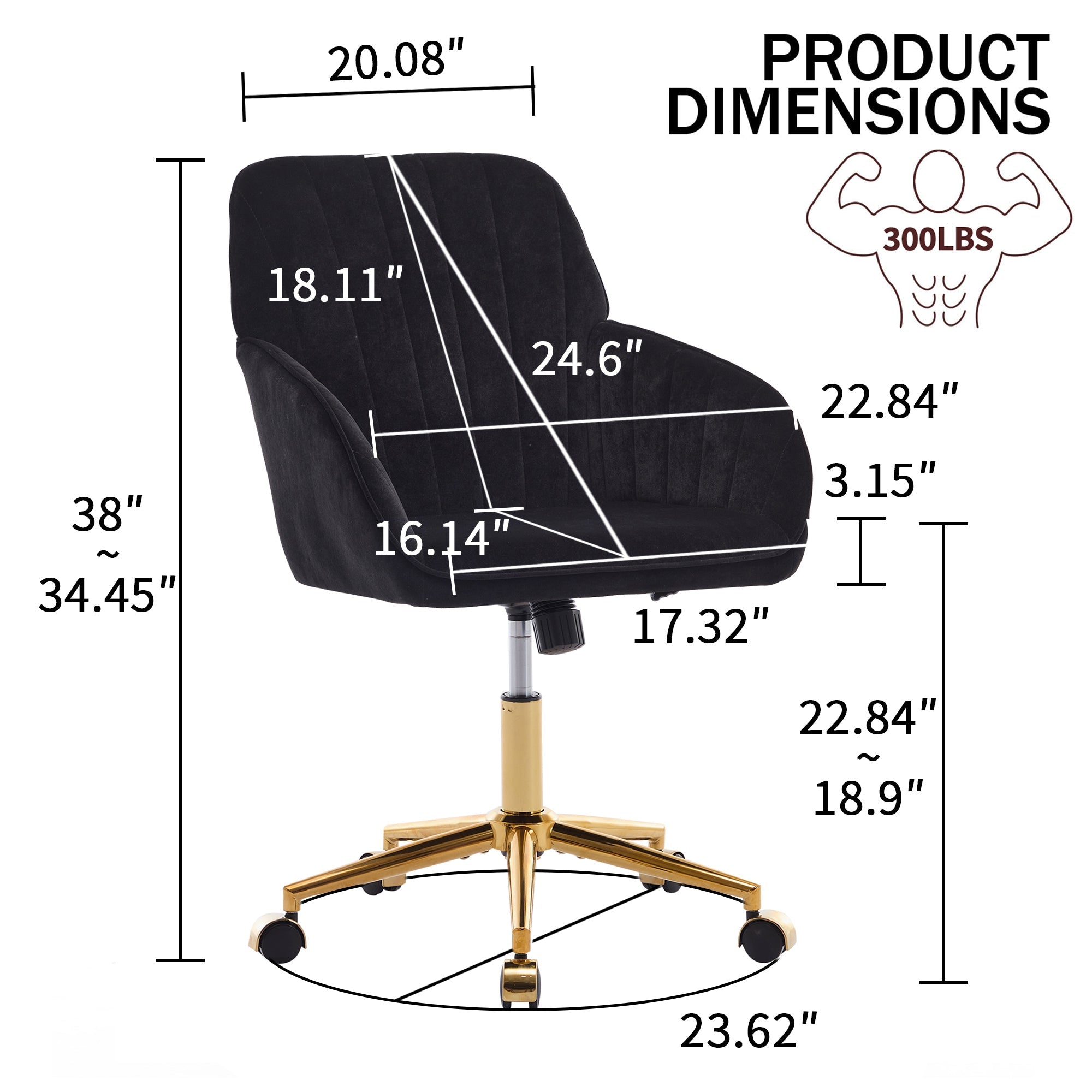 TY Adjustable Office Chair, Ergonomic Swivel Chair, Black Velvet, Comfortable for Long Sitting