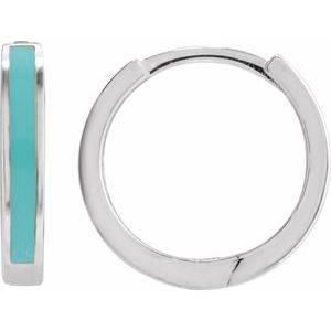 14K White Turquoise Enamel Hinged 12.1 mm Hoop Earrings