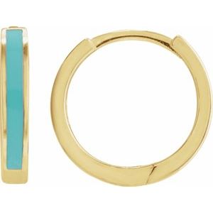 14K Yellow Gold Vermeil Turquoise Enamel Hinged 12.1 mm Hoop Earrings