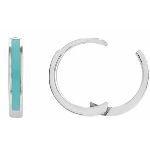 14K White Turquoise Enamel Hinged 12.1 mm Hoop Earrings