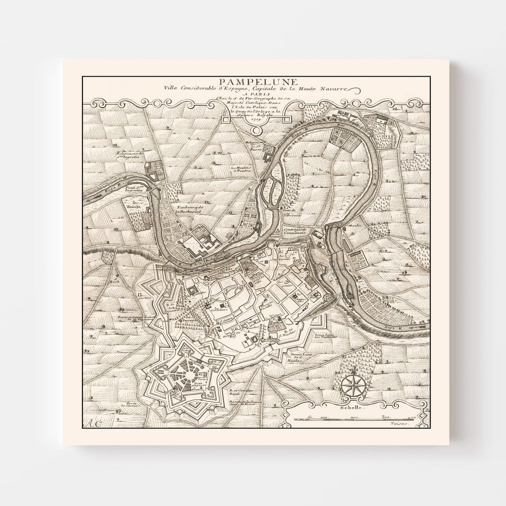 Vintage Map of Pamplona, Spain 1719