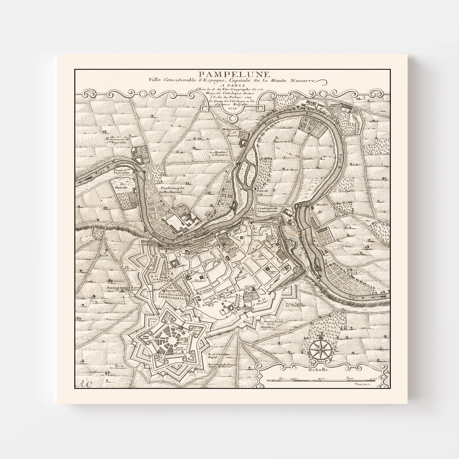 Vintage Map of Pamplona, Spain 1719