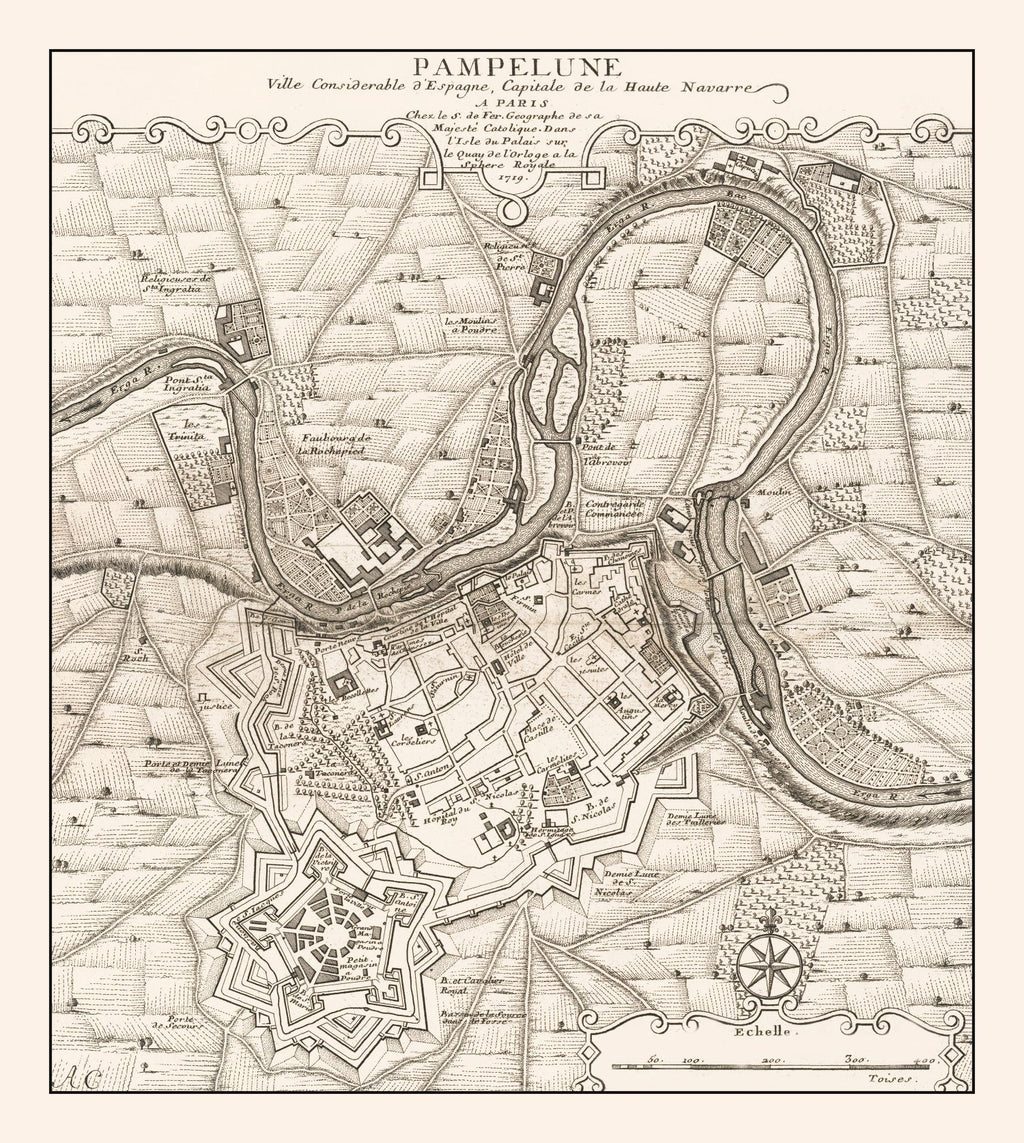 Vintage Map of Pamplona, Spain 1719