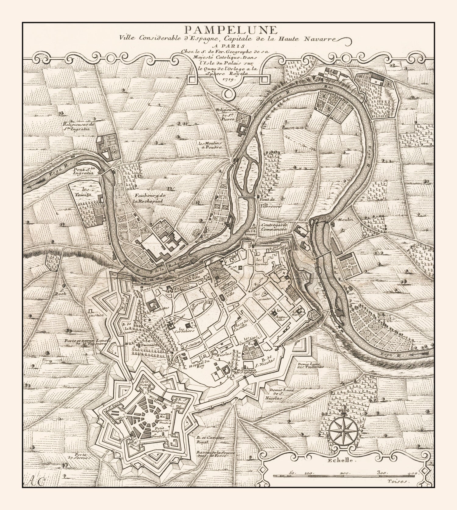 Vintage Map of Pamplona, Spain 1719