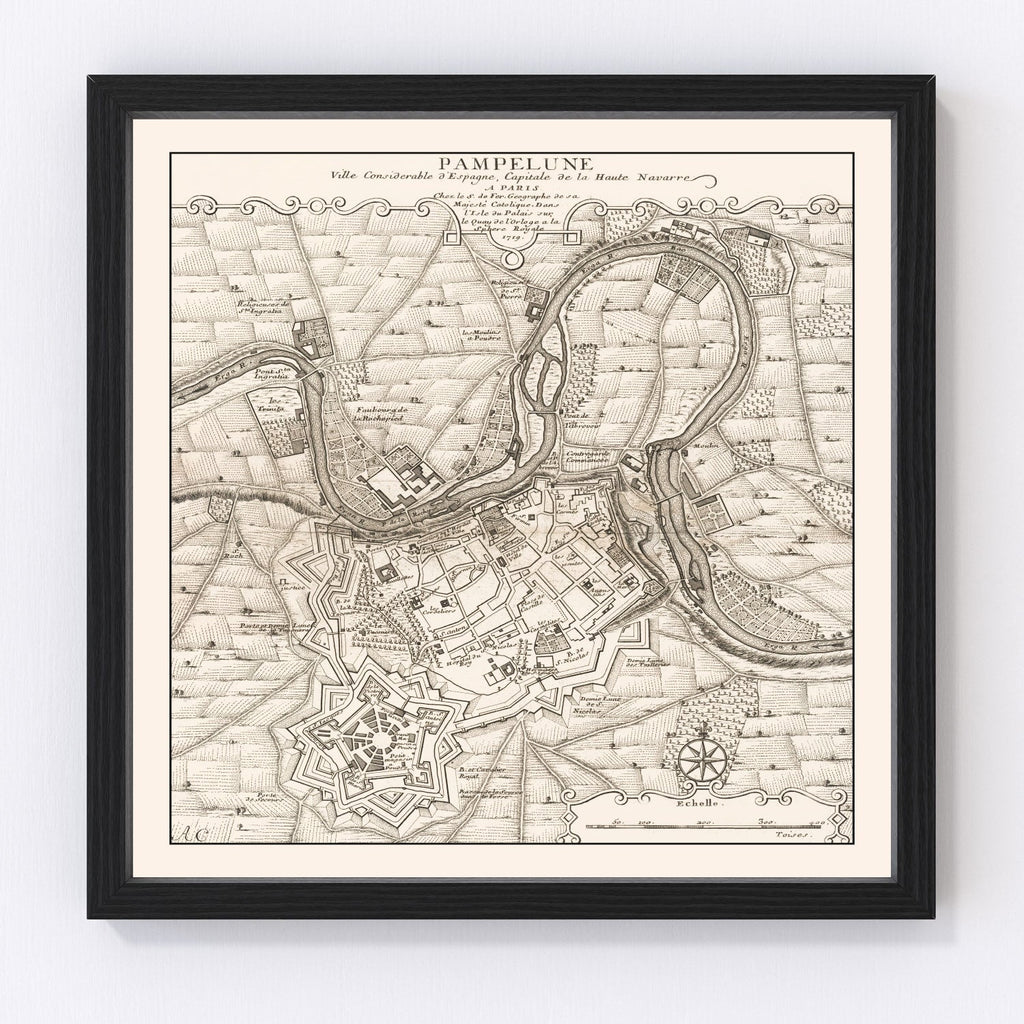Vintage Map of Pamplona, Spain 1719