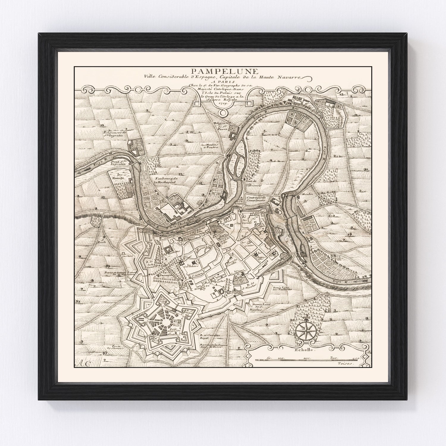 Vintage Map of Pamplona, Spain 1719