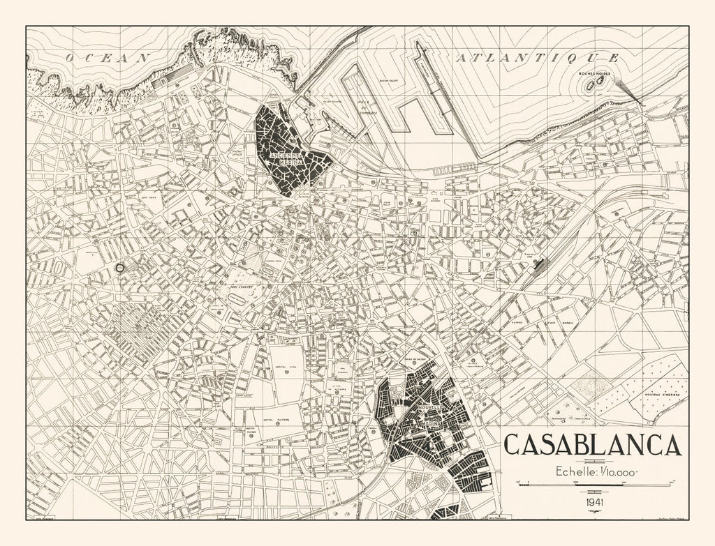 Vintage Map of Casablanca, Morocco 1941