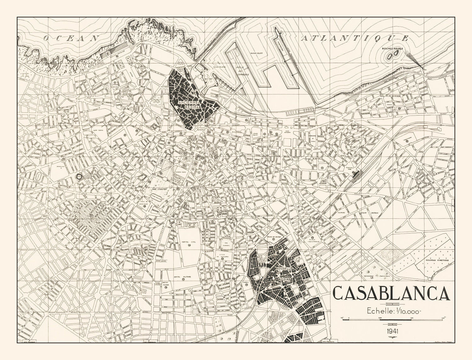 Vintage Map of Casablanca, Morocco 1941