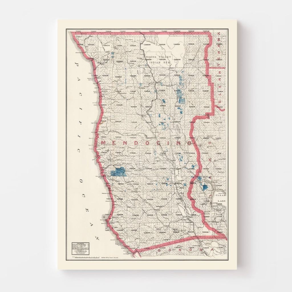 Vintage Map of Mendocino County, California 1914