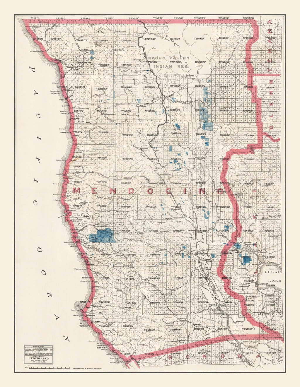 Vintage Map of Mendocino County, California 1914
