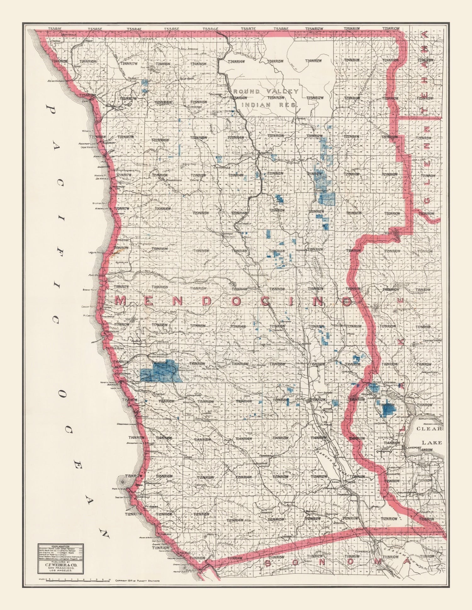 Vintage Map of Mendocino County, California 1914