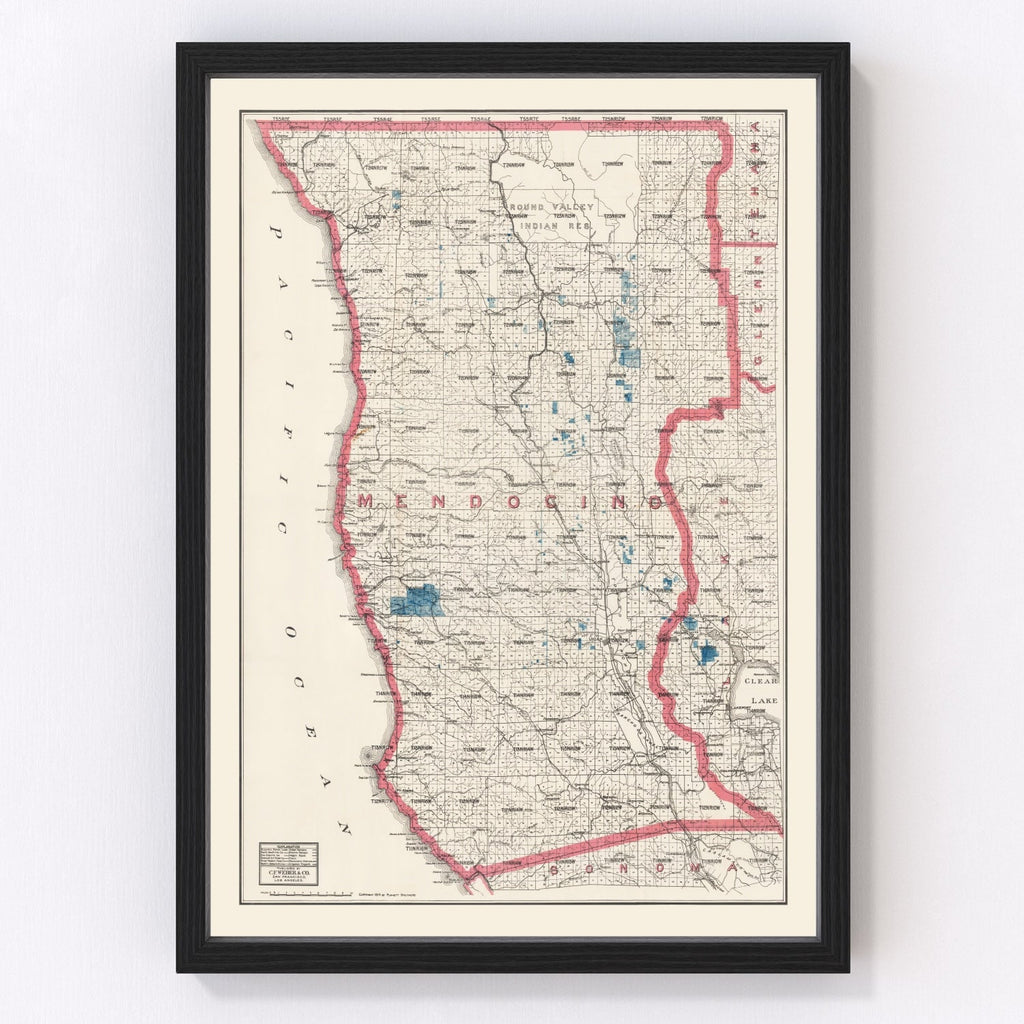 Vintage Map of Mendocino County, California 1914