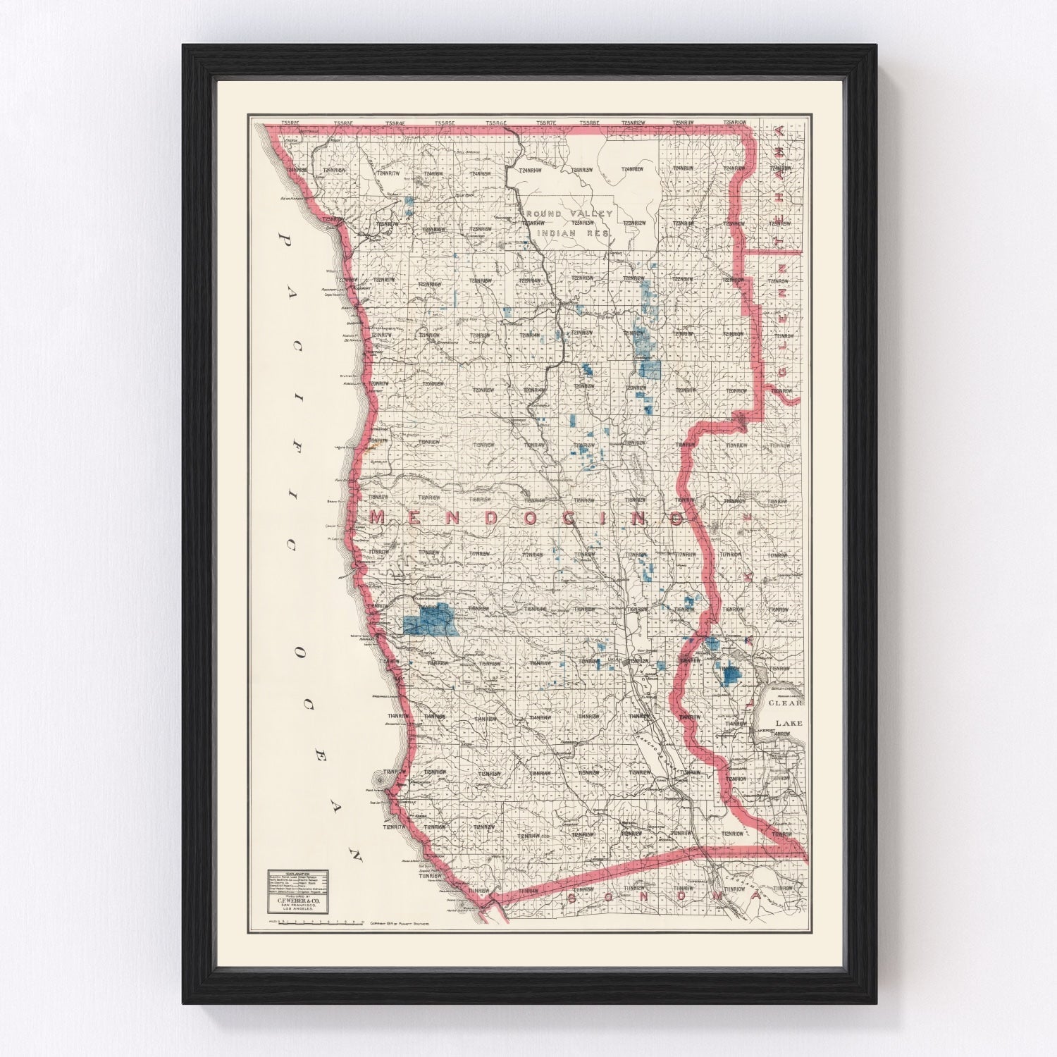 Vintage Map of Mendocino County, California 1914