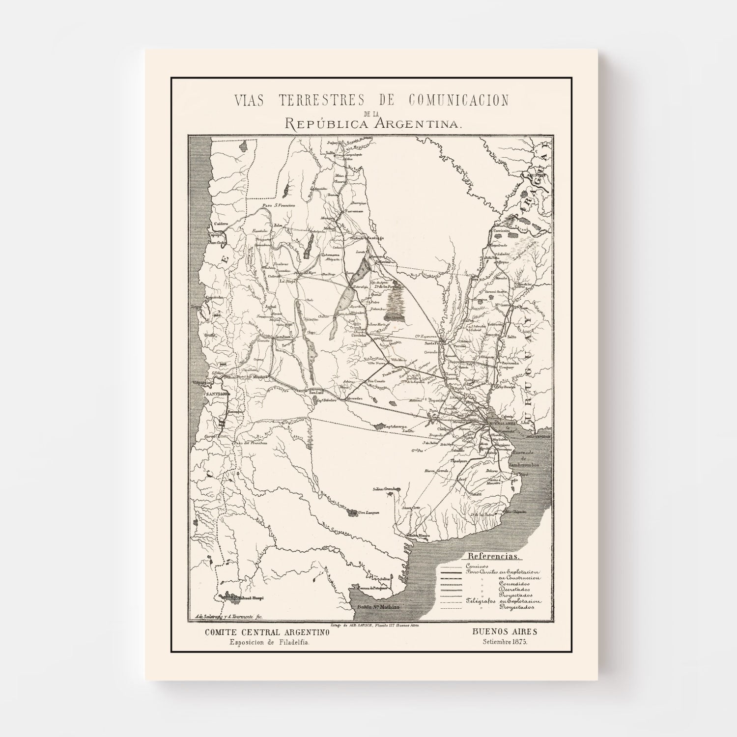 Vintage Map of Argentina 1876