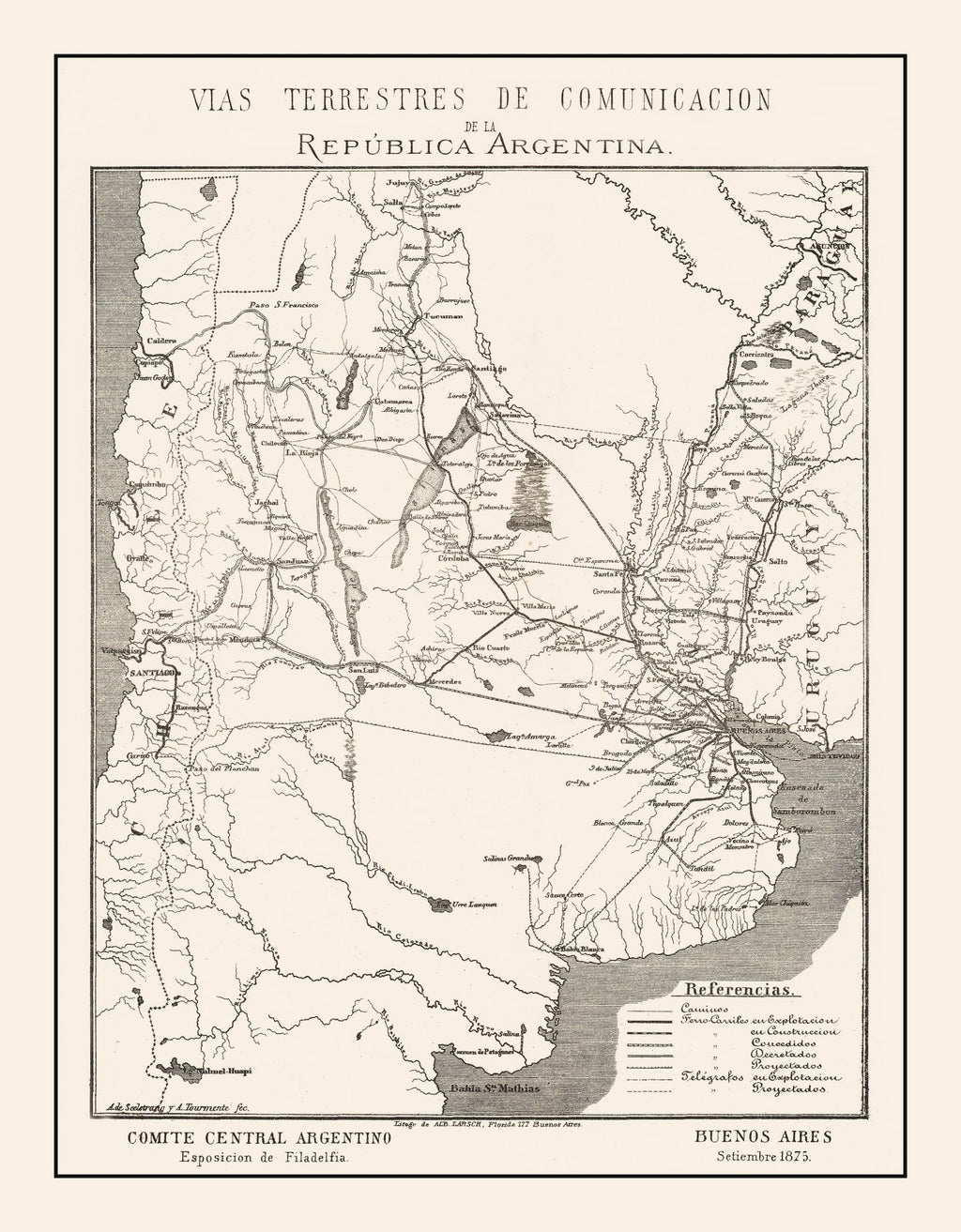 Vintage Map of Argentina 1876
