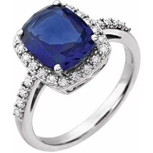 14K White Gold Lab-Grown Blue Sapphire & .07 CTW Natural Diamond Ring