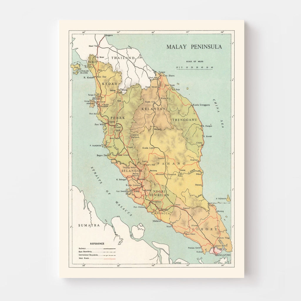 Vintage Malay Peninsula Map 1955