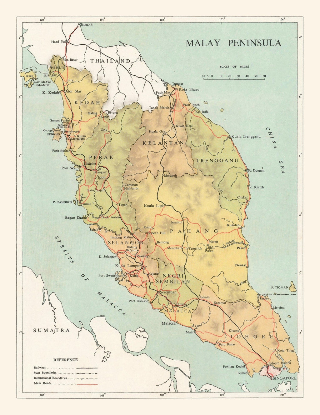 Vintage Malay Peninsula Map 1955