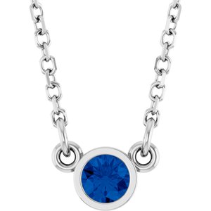 Rhodium-Plated Sterling Silver Lab-Grown Blue Sapphire Solitaire 16" Necklace