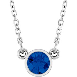 Rhodium-Plated Sterling Silver Imitation Blue Sapphire Solitaire 16" Necklace