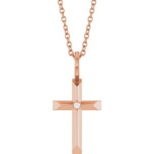 14K Rose Gold .0075 CT Natural Diamond Cross 16-18" Necklace